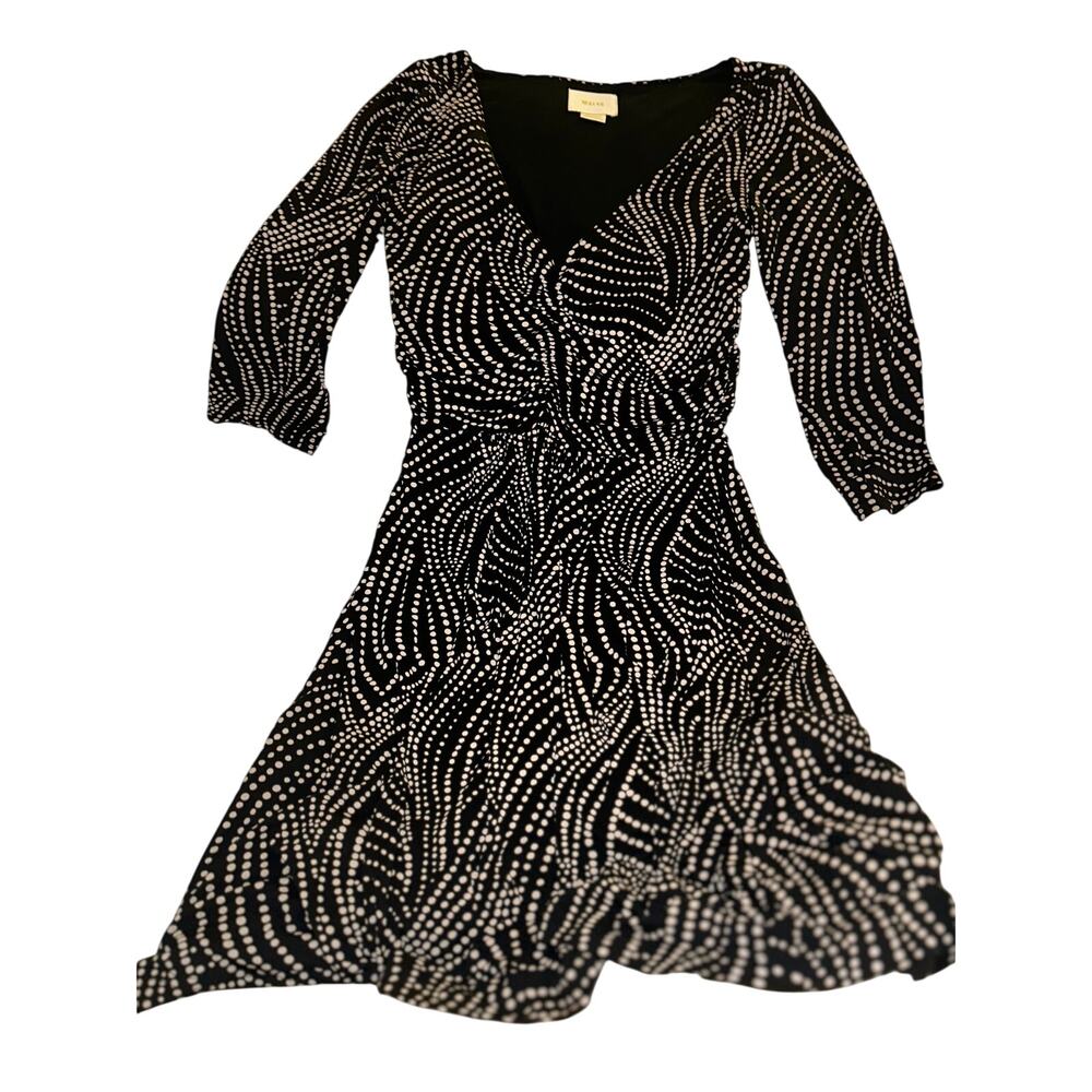 Maeve Anthropologie Black White Dot Midi Dress Ruched V Neck Small